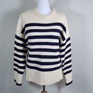 Zara Striped Wool Blend Sweater Womens Medium Cream Navy Knit Nautical Preppy
